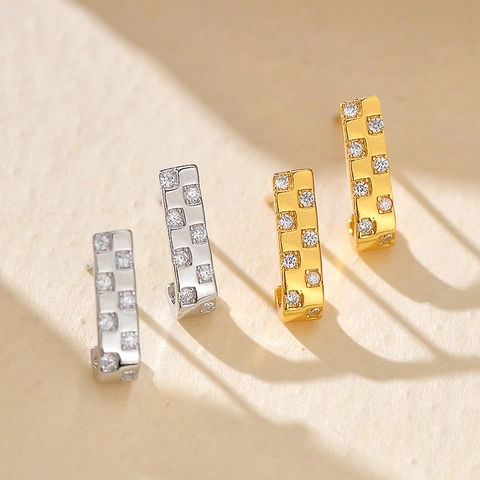 925 Sterling Zilver Schaakbord Strass J-vormige Oorknopjes Voor Vrouwen Minimalistisch 18K Verguld Elegante Sieraden