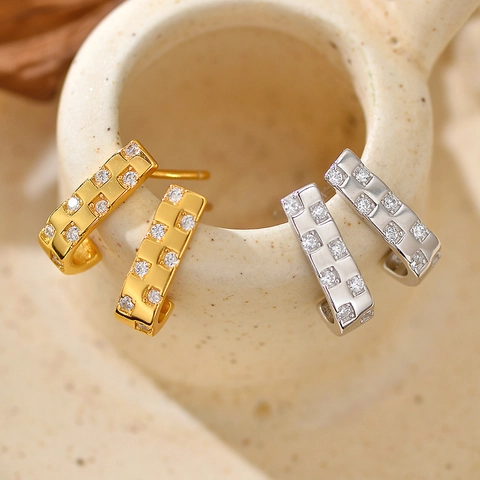 925 Sterling Zilver Schaakbord Strass J-vormige Oorknopjes Voor Vrouwen Minimalistisch 18K Verguld Elegante Sieraden