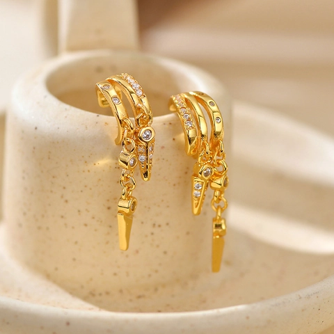 Orecchini a Bottone a Doppio Strato Geometrici a Punta in Argento Sterling 925 Donna Strass Gioielli di Nicchia