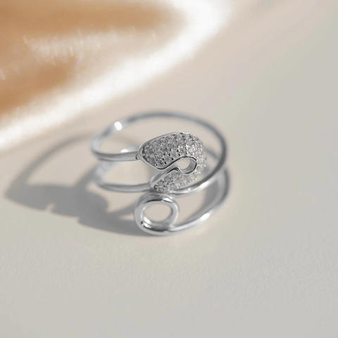 S925 Sterling Silver Safety Pin Open Adjustable Ring Pavé Zirconia Inlaid Fashion Finger Jewelry For Women Men Gift