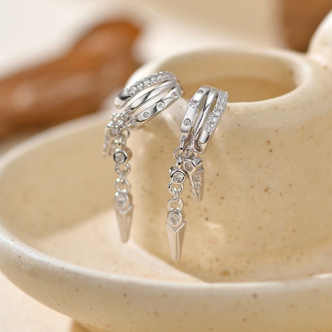 Orecchini a Bottone a Doppio Strato Geometrici a Punta in Argento Sterling 925 Donna Strass Gioielli di Nicchia
