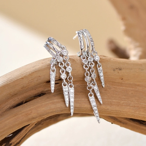 925 Sterling Silver Tassel Spike Drop Earrings For Women Fashion Jewelry Elegant Rhinestone Pave Inlaid Dangle Earrings Gift