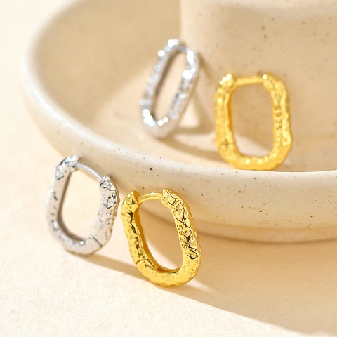Orecchini a Cerchio Ovali in Argento Sterling S925 per Donna Texture Fusa Irregolare Placcati in Oro 18K Gioielli Minimalisti