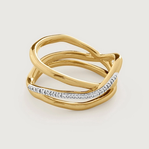 925 Sterling Zilveren Drielaagse Ring Geometrisch Golvend Onregelmatig Ingelegd met Strass Goud Zilver Open Ring voor Vrouwen Sieraden