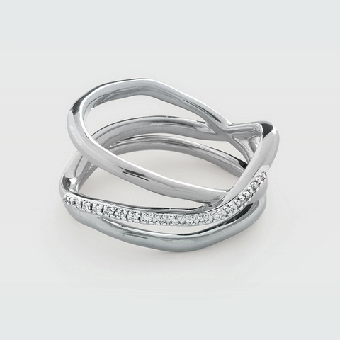 925 Sterling Zilveren Drielaagse Ring Geometrisch Golvend Onregelmatig Ingelegd met Strass Goud Zilver Open Ring voor Vrouwen Sieraden