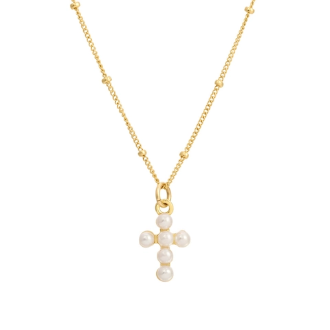 S925 Sterlingsilber Kreuz Anhänger Halskette Mit Künstlicher Perle Satellitenkette Elegante 18K Vergoldet Schmuck Für Damen
