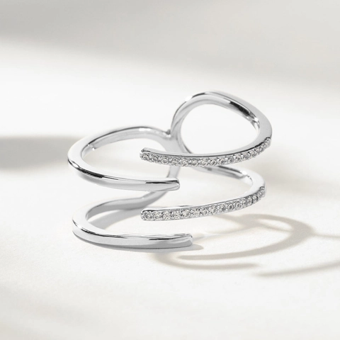 925 Sterling Silver Zirconia Ring For Women Multi Row Spiral Design Open Adjustable Ring Elegant Geometric Jewelry Accessory