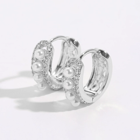 Pendientes de Aro de Plata de Ley 925 para Mujer Estilo Francés Elegante Perla Artificial Circonia Incrustada Joyería