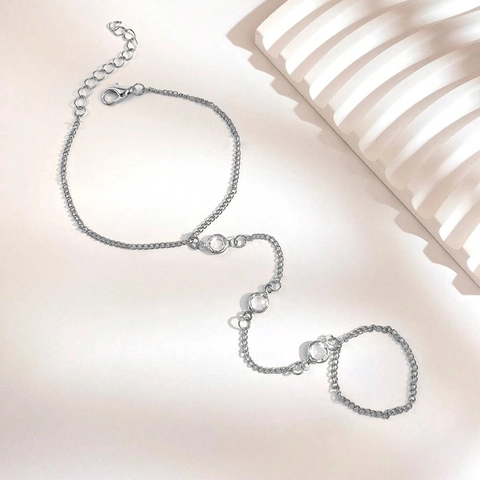 Elegant 925 Sterling Zilveren Slavenarmband Voor Dames 18K Verguld Cirkelvormige Strass Link Handrugketting Ring Armband Sieraden