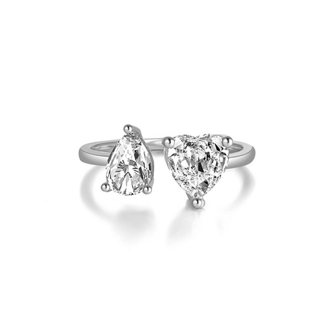 925 Sterling Silver Toi Et Moi Open Ring 18K Gold Plated Heart Pear Shaped Rhinestone Adjustable Finger Ring Jewelry For Women
