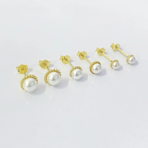 S925 Sterling Silver Artificial Pearl Stud Earrings Minimalist Beaded Edge Gold Plated Round Small Pearl Jewelry For Women