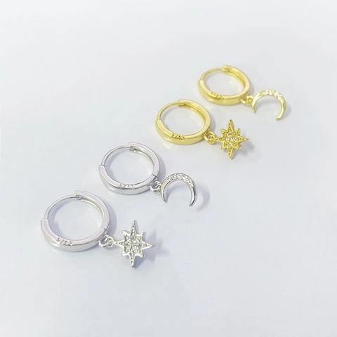 Orecchini a Cerchio Asimmetrici in Argento Sterling S925 Con Luna e Stella e Zirconia Per Donna Gioielli Celestiali Eleganti