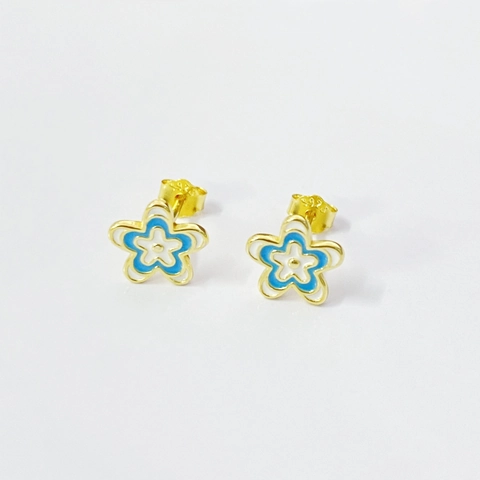 Boucles d'Oreilles Clous en Argent Sterling S925 Plaqué Or Émail Fleur pour Femme Chic Bleu Blanc Floral Bijoux de Mode