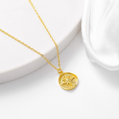 Collana con Pendente a Medaglione Rotondo a Stella a Otto Punte in Argento Sterling S925 per Donna Gioielli Minimalisti in Stile Francese
