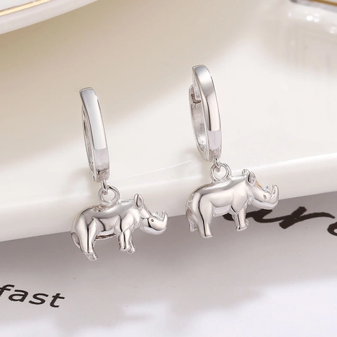 Orecchini a Goccia in Argento Sterling 925 con Rinoceronte Vintage Lussuosi Lucidati a Specchio Animali Huggie Cerchi per Donna Gioielli Moda Regalo