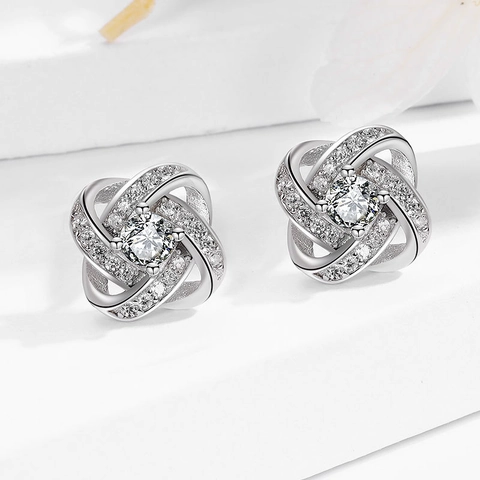 Orecchini a Bottone in Zirconia con Perno in Argento Sterling 925 per Donna Eleganti Geometrici con Nodo Oro Argento Gioielli