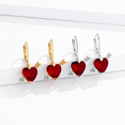 Orecchini a Goccia con Cuore Rosso e Freccia di Cupido in Argento Sterling 925 Moda Orecchini a Cuore Zirconia Gioielli Regalo