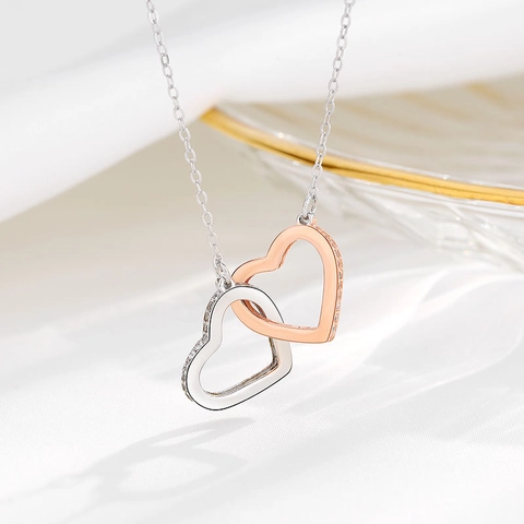 Collar de Doble Corazón Entrelazado de Plata de Ley 925 Bicolor Oro Rosa Circonia Cadena de Clavícula Regalo de San Valentín Joyería para Mujer