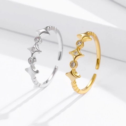 925 Sterling Silver Star Adjustable Open Ring For Women Zirconia Inlaid Fashion Geometric Electroplated Finger Jewelry