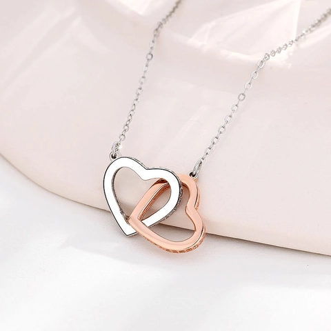 Collar de Doble Corazón Entrelazado de Plata de Ley 925 Bicolor Oro Rosa Circonia Cadena de Clavícula Regalo de San Valentín Joyería para Mujer