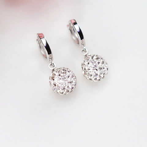 Boucles d'Oreilles Pendantes Boule Shamballa en Argent Sterling 925 Strass Pavé Créoles Géométriques pour Femmes Bijoux