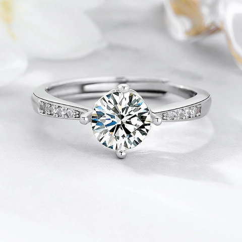 925 Sterling Silver Adjustable Open Ring For Women Elegant Four-Prong Round Brilliant Cut Zirconia Pave Setting Engagement Jewelry