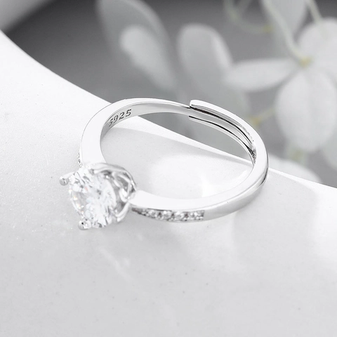925 Sterling Silver Adjustable Open Ring For Women Elegant Four-Prong Round Brilliant Cut Zirconia Pave Setting Engagement Jewelry