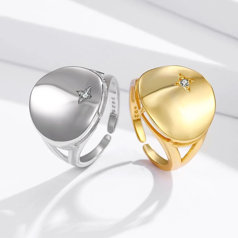 925 Sterlingsilber Rundes Siegel Einstellbarer Offener Ring Für Damen Herren Gold Silber Zirkonia Stern Schmuck
