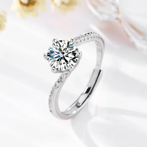 Luxury 925 Sterling Silver Zirconia Ring Six-Prong Snowflake Setting Elegant Twisted Band Adjustable Open Ring Women Jewelry