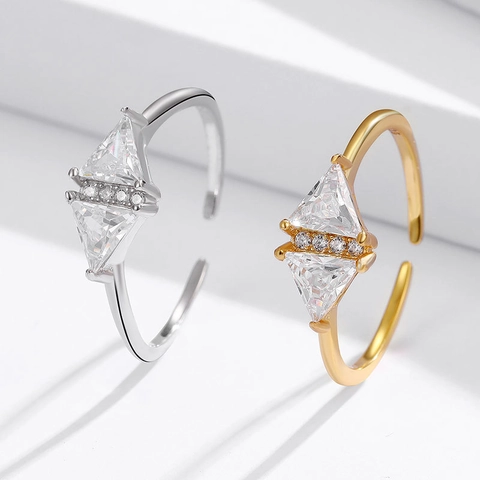 S925 Sterlingsilber Dreieck Zirkonia Offener Ring Für Damen Verstellbar Geometrisch Gold Silber Plattiert Mode Luxus Fingerring