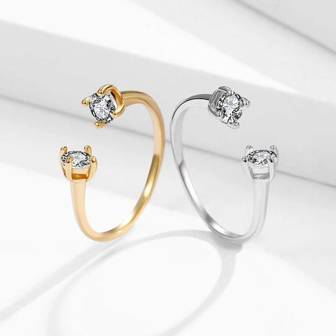925 Sterling Silver Double Round Stone Open Ring For Women Adjustable Light Luxury Rhinestone Index Finger Ring Commute Jewelry