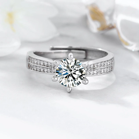 Bague Ouverte en Argent Sterling S925 Classique Six Griffes Zirconia Pour Femmes Luxe Double Rangée Anneau Réglable