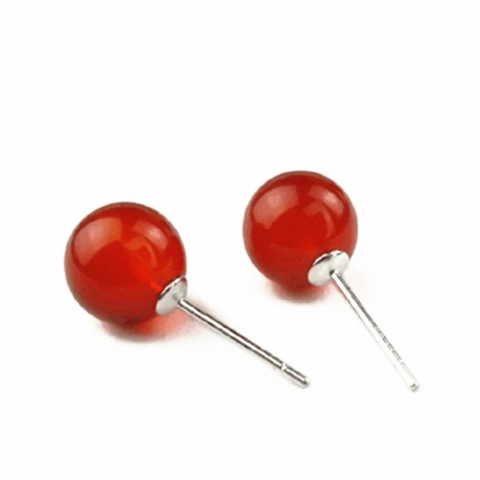 925 Sterling Silver Round Natural Red Agate Stud Earrings For Women Elegant Fashion Jewelry Accessory With Earring Backs