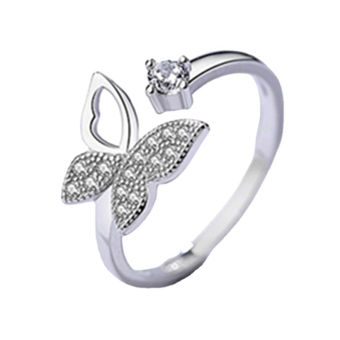 Elegant 925 Sterling Silver Butterfly Open Ring For Women Heart Inlaid Zirconia Adjustable Finger Ring Engagement Jewelry