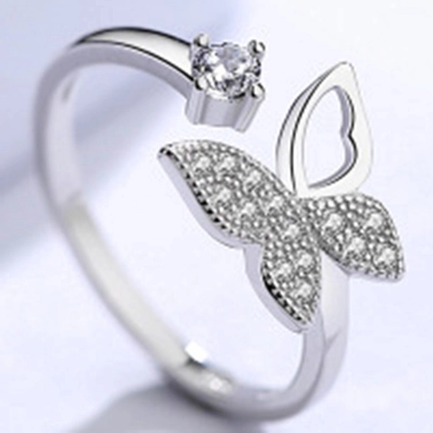 Elegant 925 Sterling Silver Butterfly Open Ring For Women Heart Inlaid Zirconia Adjustable Finger Ring Engagement Jewelry