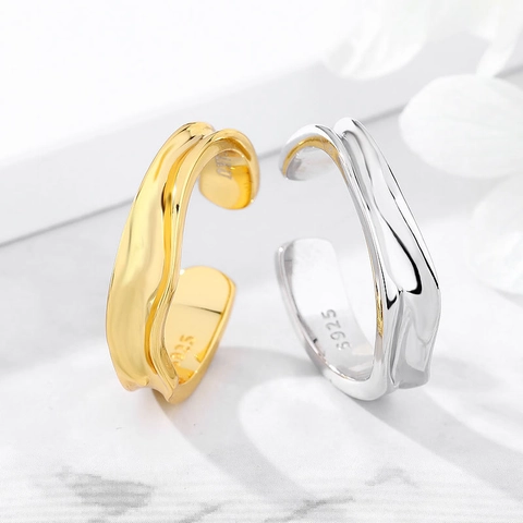 S925 Sterling Silver Minimalist Irregular Wave Ring For Women Adjustable Open Ring Hammered Texture Geometric Jewelry