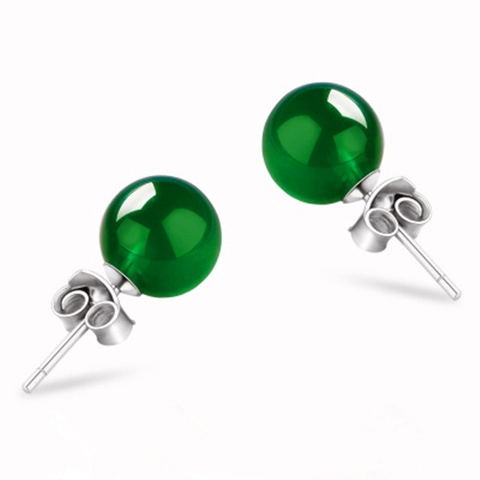 925 Sterling Silver Green Agate Stud Earrings Round Ball Gemstone Elegant Korean Jewelry For Women Girls Birthday Gift