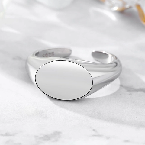 Minimalist 925 Sterling Silver Signet Ring For Women Adjustable Oval Smooth Surface Gold Platinum Plated Open Finger Ring