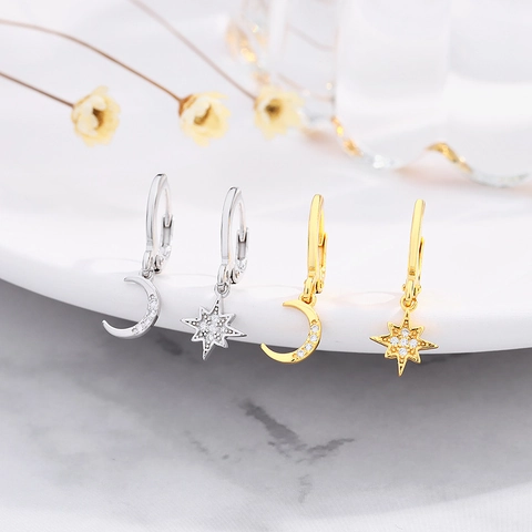 Asymmetrische Stern Mond 925 Sterlingsilber Ohrringe Mit Strass Pavé Hängeohrringe Für Damen Mode Schmuck