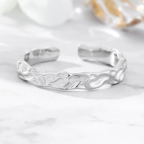 925 Sterling Silver Irregular Hammered Open Ring Modern Minimalist Tin Foil Texture Adjustable Band Ring For Women Fashion Jewelry