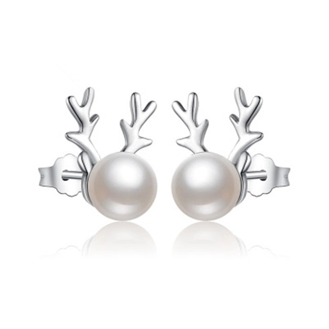 925 Sterling Silver Reindeer Horn Stud Earrings Freshwater Pearl Animal Design Christmas Jewelry Gifts For Women
