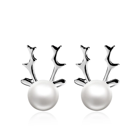 S925 Sterlingsilber Rentier Geweih Ohrstecker Für Damen Mit 6mm Natürlicher Süßwasserperle Weihnachten Schmuck Geschenk