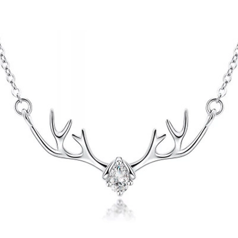 Collar con Colgante de Astas de Ciervo de Plata de Ley 925 para Mujer Elegante Circonia Gota de Agua Cadena Ajustable Joyería de Moda Estilo Naturaleza
