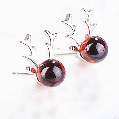 Orecchini a Bottone in Argento Sterling S925 a Forma di Corna di Renna per Donna Granato Rosso Natale Gioielli Regalo Animale