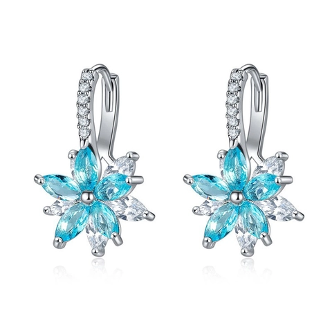 925 Sterling Silver Blue Snowflake Hoop Earrings Sparkly Rhinestone Flower Ear Jewelry For Women Christmas Party Gift