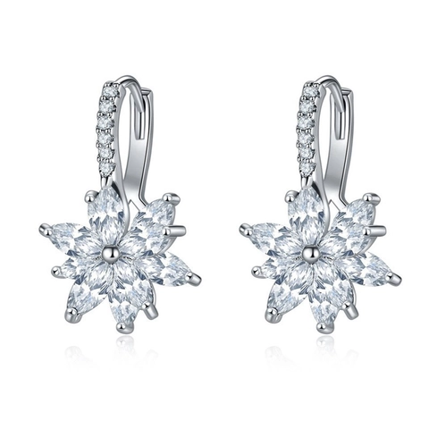 925 Sterling Silver Blue Snowflake Hoop Earrings Sparkly Rhinestone Flower Ear Jewelry For Women Christmas Party Gift