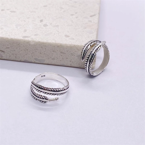 Vintage 925 Sterlingsilber Feder Ring Für Damen Herren Verstellbar Offener Ring Retro Einfache Flügel Muster Schmuck Geschenk