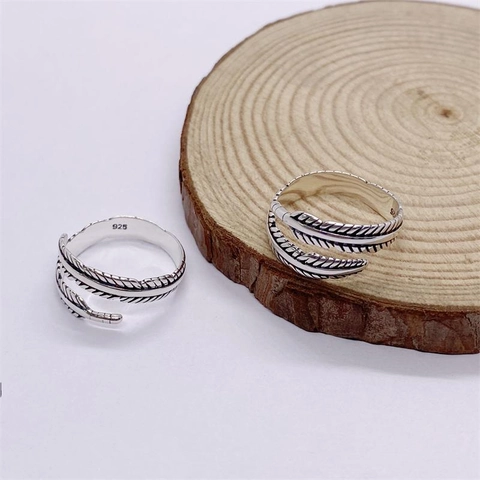 Vintage S925 Sterlingsilber Feder Ring Verstellbare Offene Fingerring Retro Unisex Mode Schmuck Geschenk