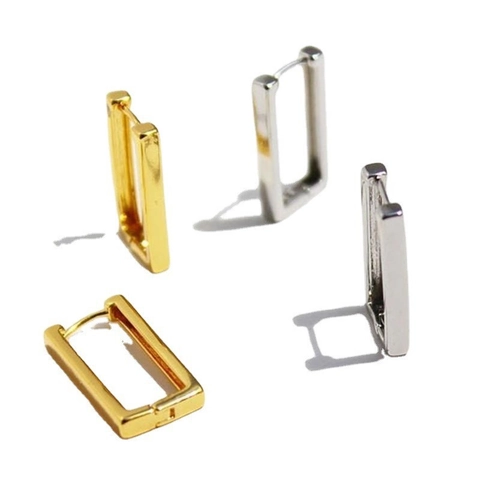 Pendientes de Aro Rectangulares de Plata de Ley 925 Minimalistas para Mujer Hebilla Geométrica de Oreja Chapada en Oro