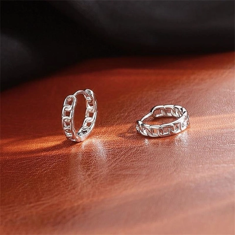 S925 Sterling Silver Hollow Chain Hoop Earrings For Women Korean Minimalist Geometric Cuban Link Texture Huggie Hoop Earrings Jewelry
